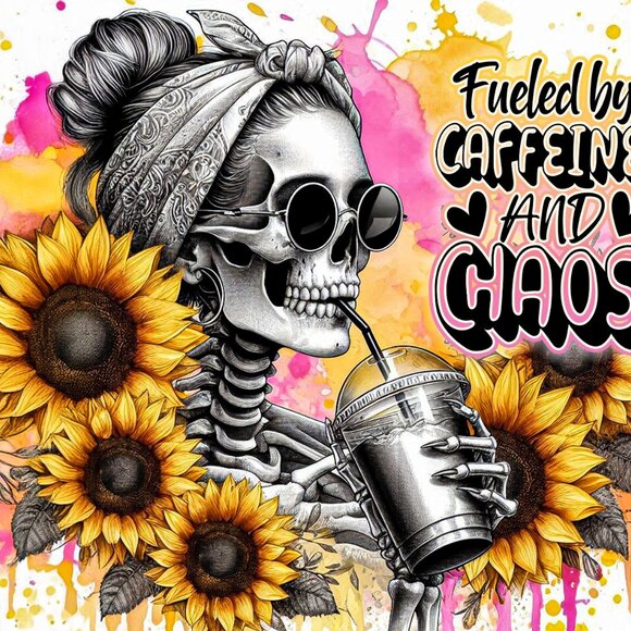 Sunflower Skeleton Tumbler, Fueled By Caffeine And Chaos Cup, Caffeine Lover Mug - Picture 2 of 7